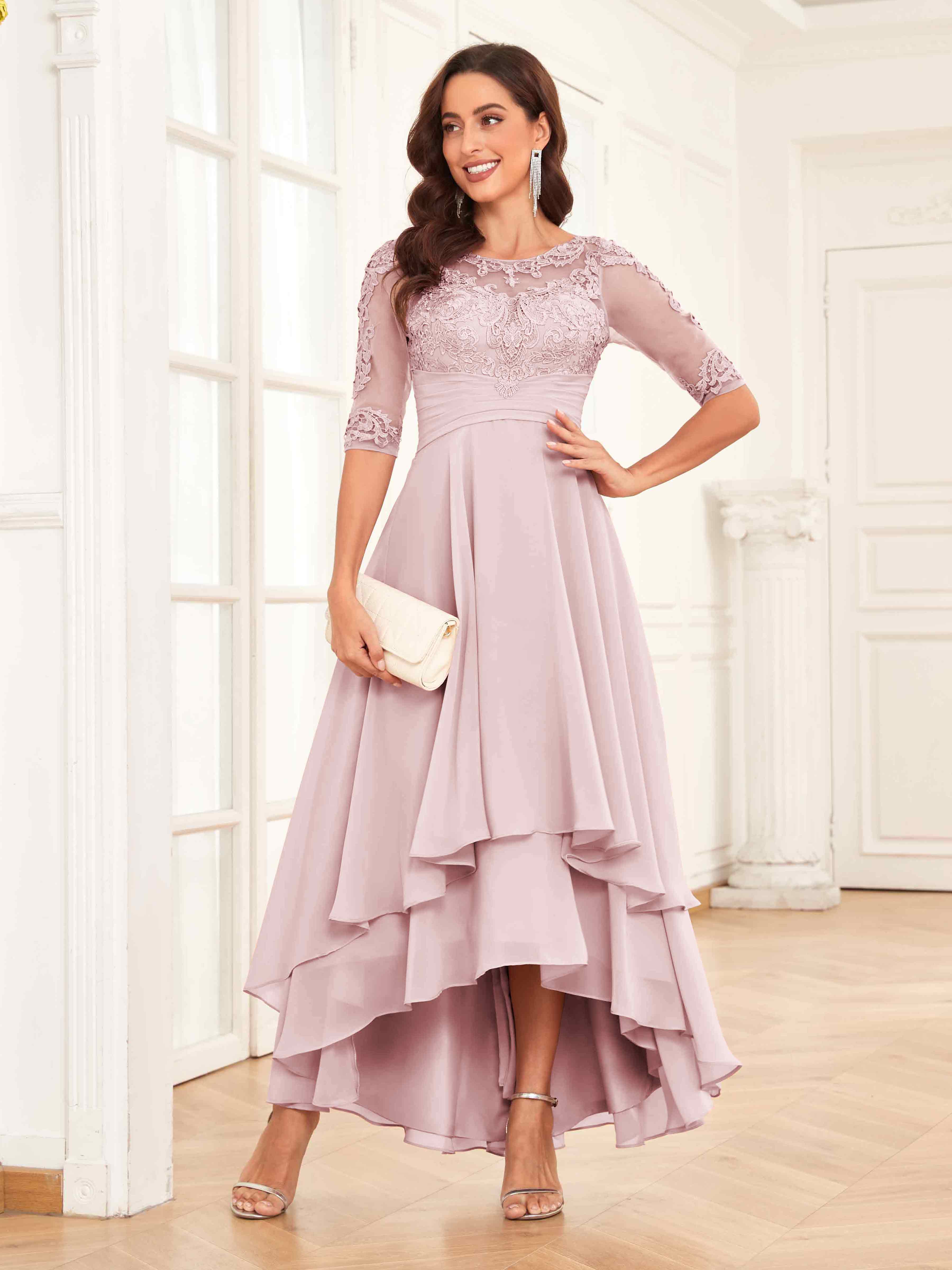 Trendy Half Sleeves Appliques Lace Chiffon Mother Of The Bride Dresses