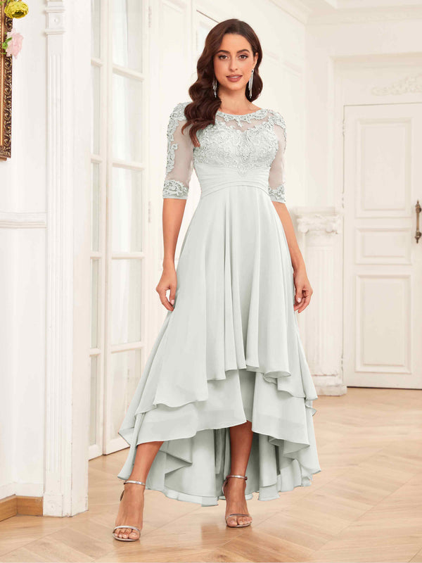 Ivory Trendy Half Sleeves Appliques Lace Chiffon Mother Of The Bride Dresses