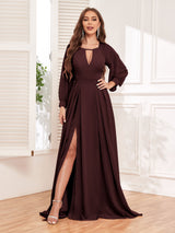 Trendy Halter Long Sleeves Slit Floor Length Chiffon Bridesmaid Dresses