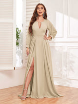 Trendy Halter Long Sleeves Slit Floor Length Chiffon Bridesmaid Dresses