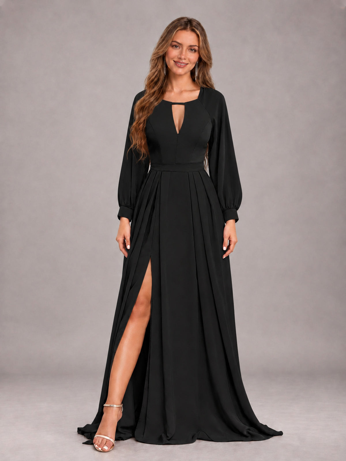Black Trendy Halter Long Sleeves Slit Floor Length Chiffon Bridesmaid Dress