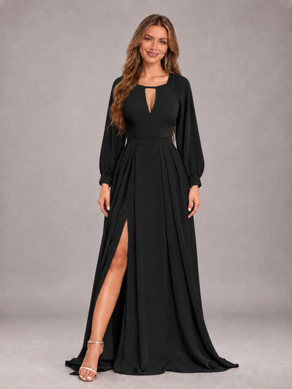Black Trendy Halter Long Sleeves Slit Floor Length Chiffon Bridesmaid Dress