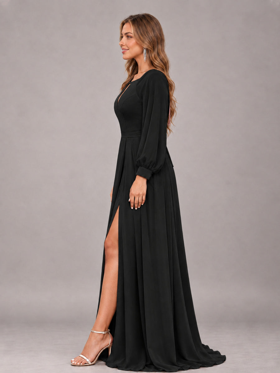 Black Trendy Halter Long Sleeves Slit Floor Length Chiffon Bridesmaid Dress