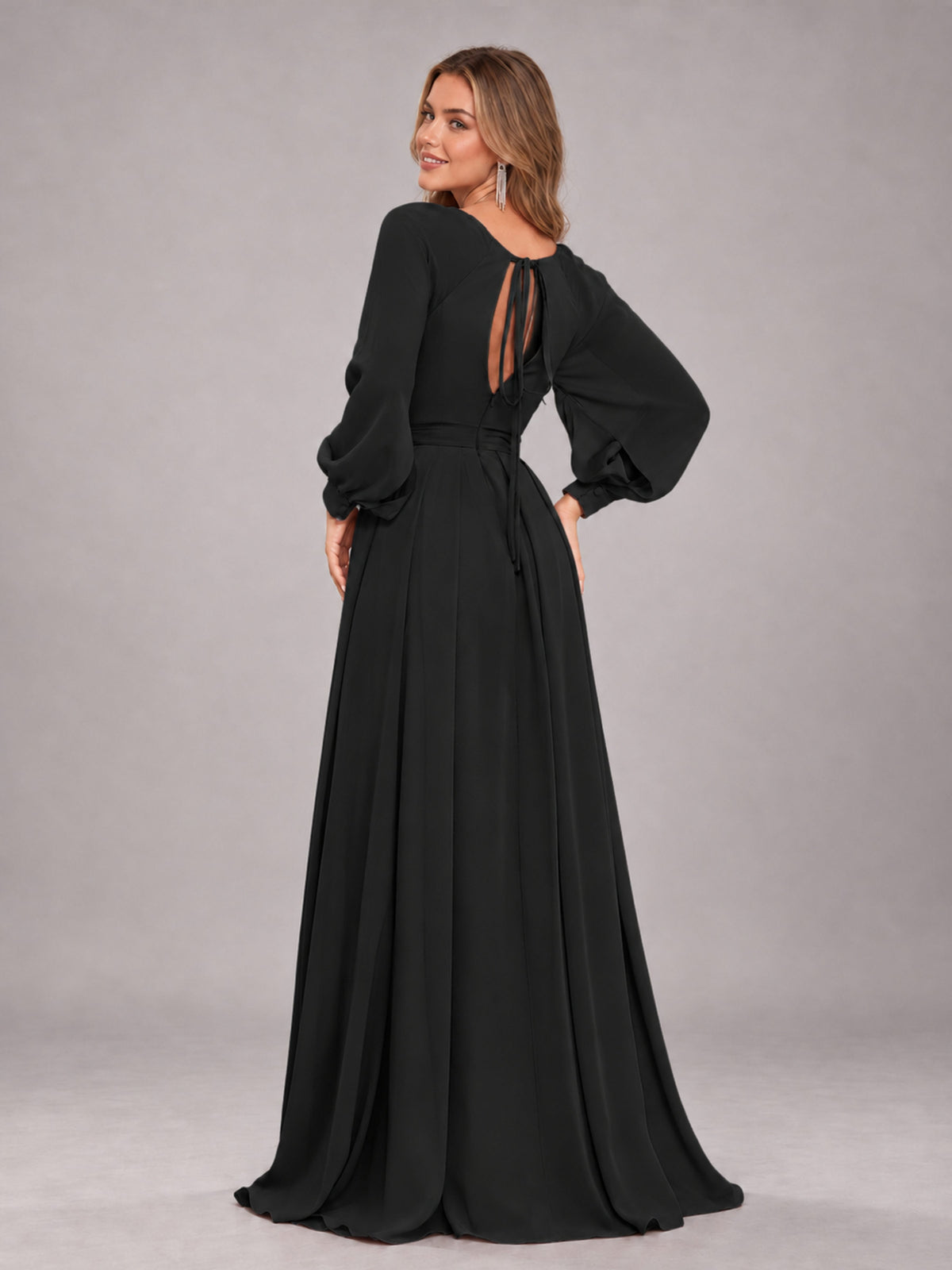 Black Trendy Halter Long Sleeves Slit Floor Length Chiffon Bridesmaid Dress