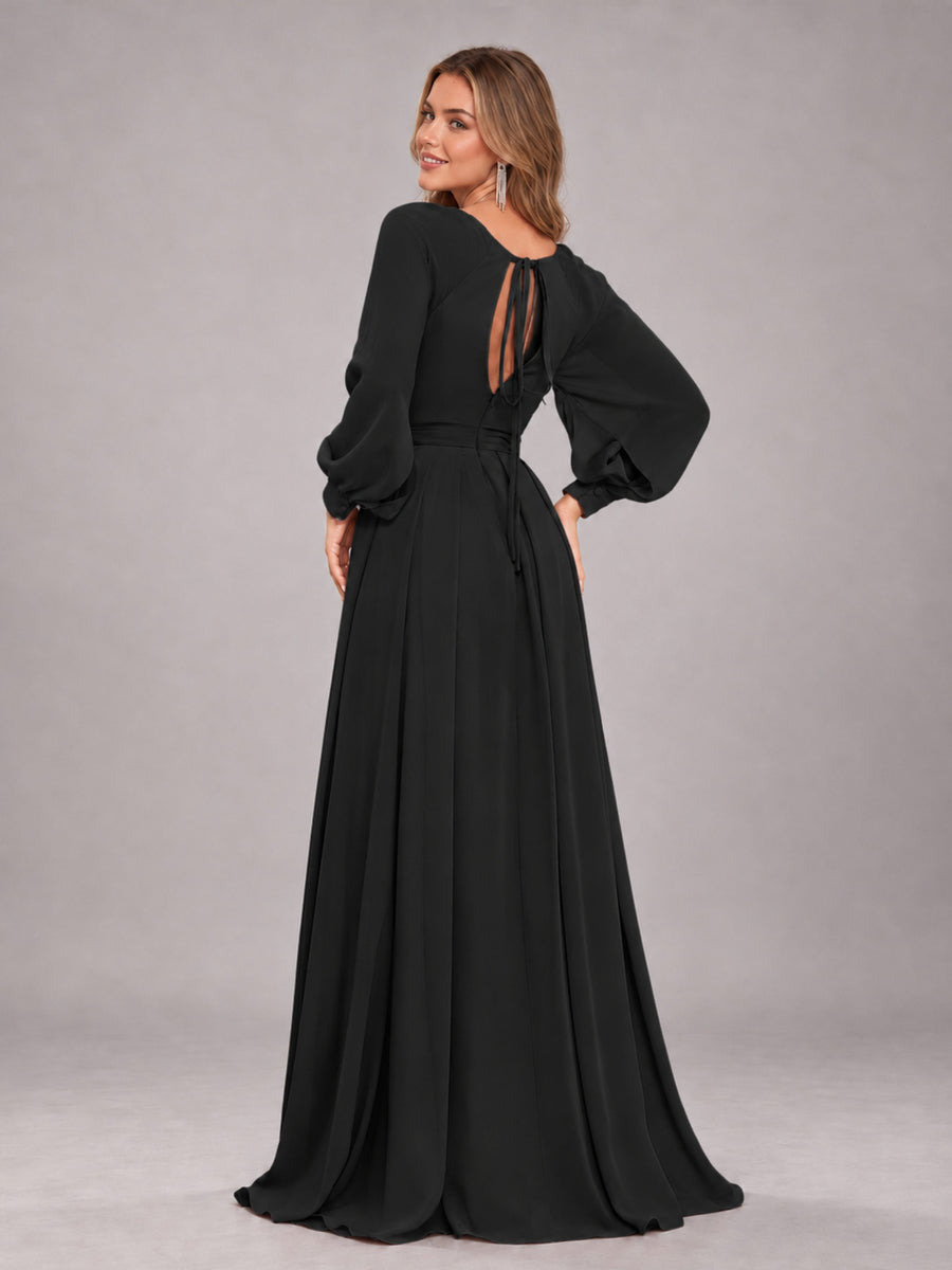 Black Trendy Halter Long Sleeves Slit Floor Length Chiffon Bridesmaid Dress