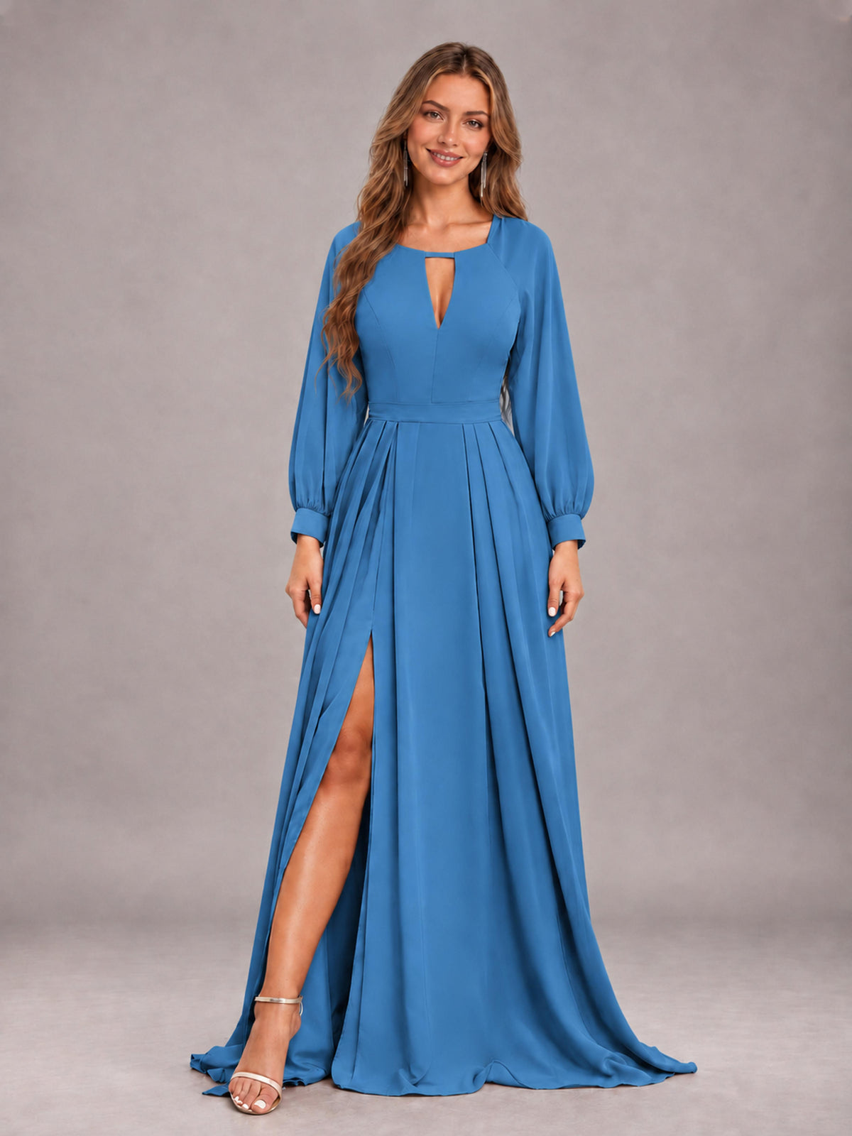 Blue Trendy Halter Long Sleeves Slit Floor Length Chiffon Bridesmaid Dress