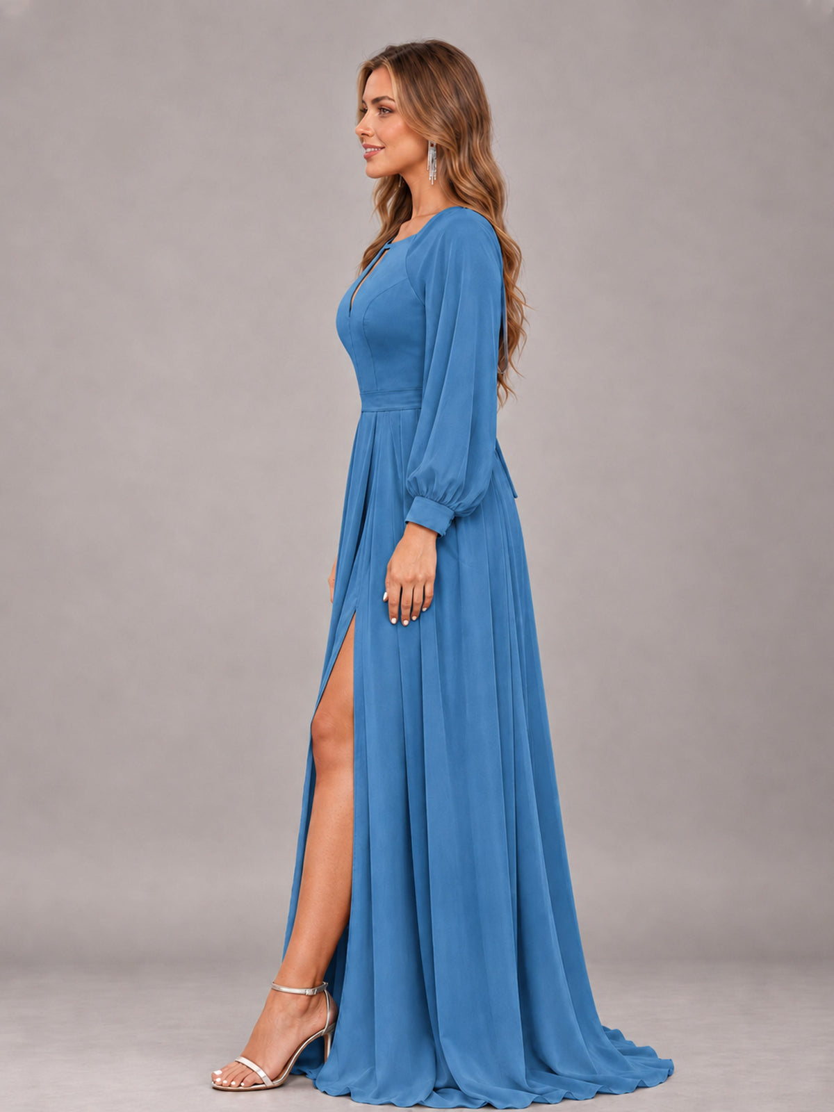 Blue Trendy Halter Long Sleeves Slit Floor Length Chiffon Bridesmaid Dress