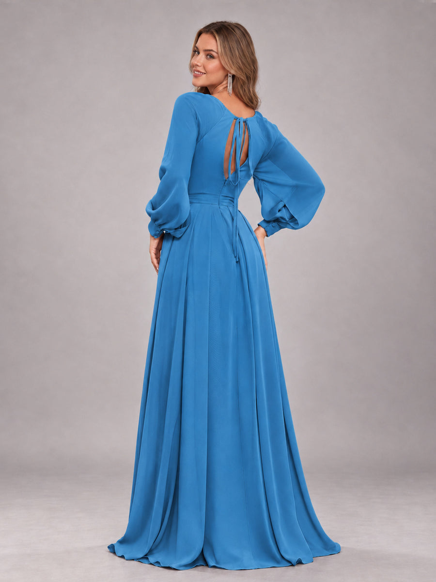Blue Trendy Halter Long Sleeves Slit Floor Length Chiffon Bridesmaid Dress