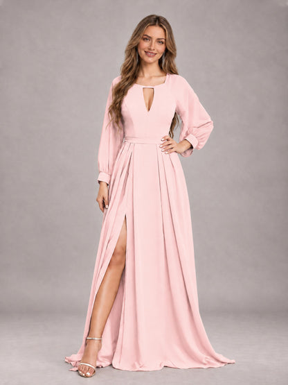 Blush Pink Trendy Halter Long Sleeves Slit Floor Length Chiffon Bridesmaid Dress