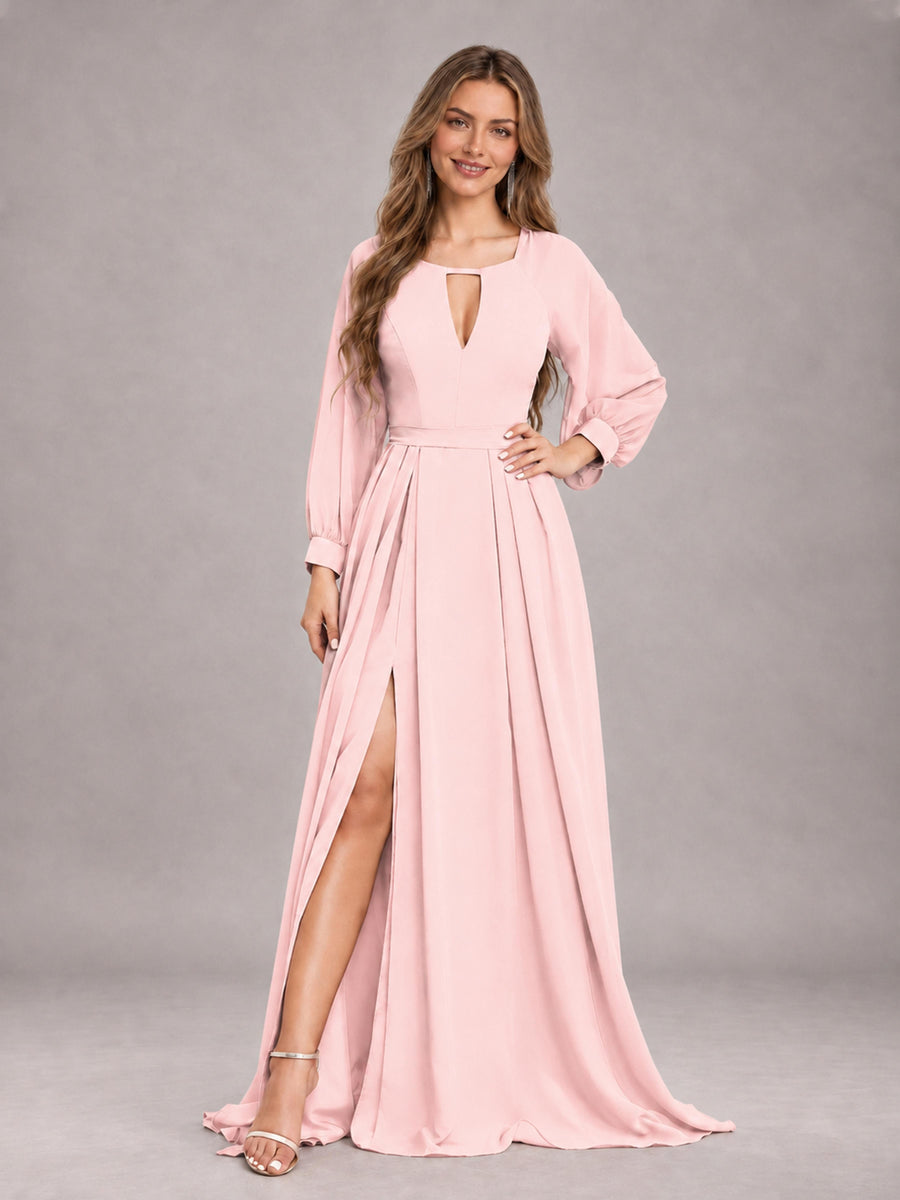 Blush Pink Trendy Halter Long Sleeves Slit Floor Length Chiffon Bridesmaid Dress