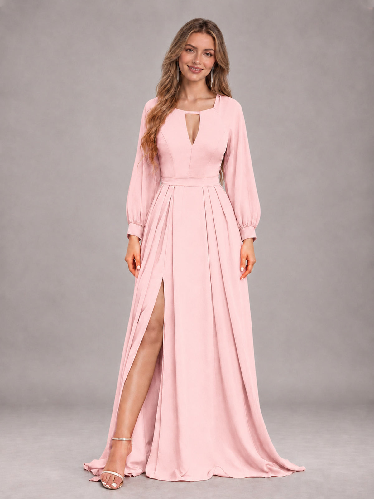 Blush Pink Trendy Halter Long Sleeves Slit Floor Length Chiffon Bridesmaid Dress