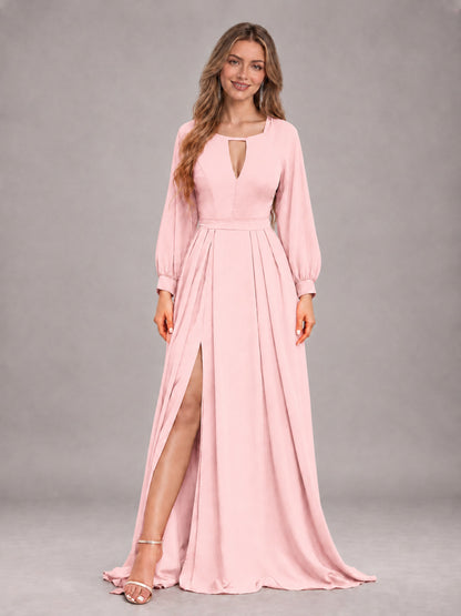 Blush Pink Trendy Halter Long Sleeves Slit Floor Length Chiffon Bridesmaid Dress