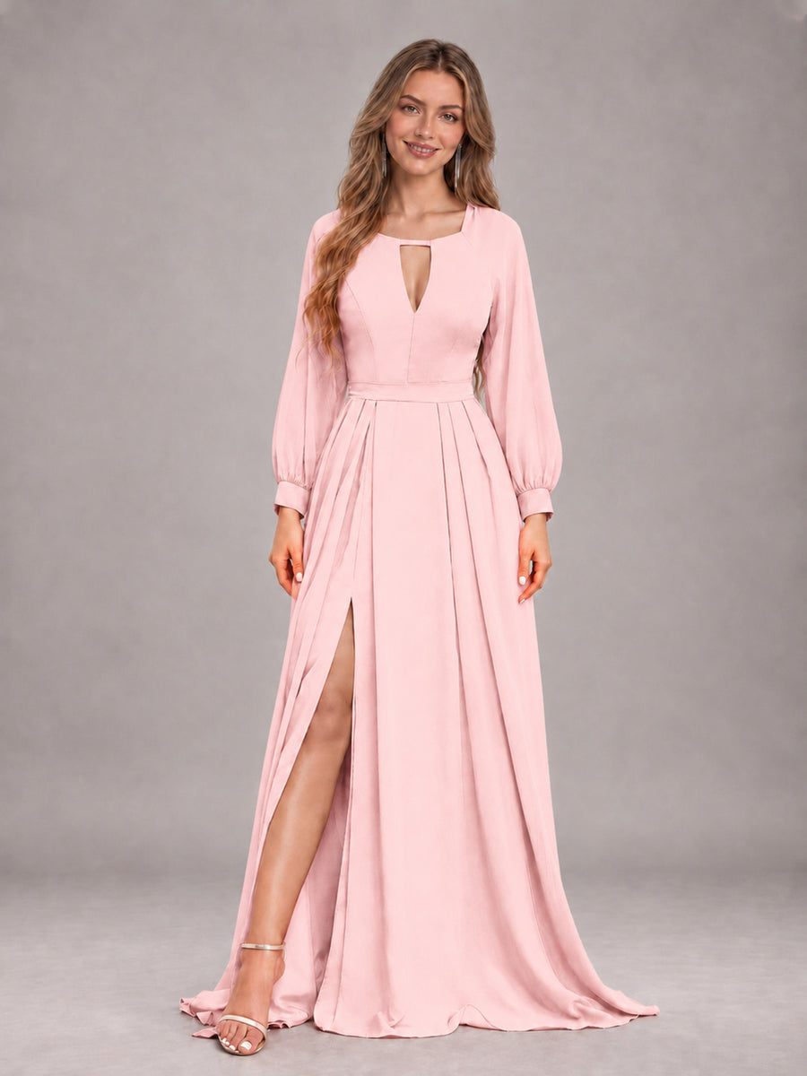 Blush Pink Trendy Halter Long Sleeves Slit Floor Length Chiffon Bridesmaid Dress