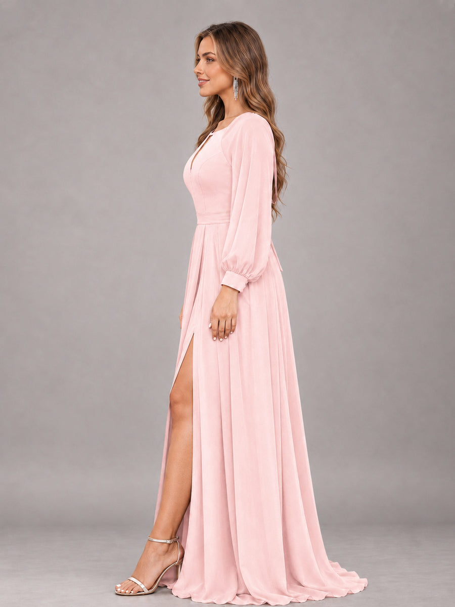 Blush Pink Trendy Halter Long Sleeves Slit Floor Length Chiffon Bridesmaid Dress