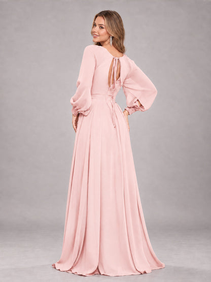 Blush Pink Trendy Halter Long Sleeves Slit Floor Length Chiffon Bridesmaid Dress