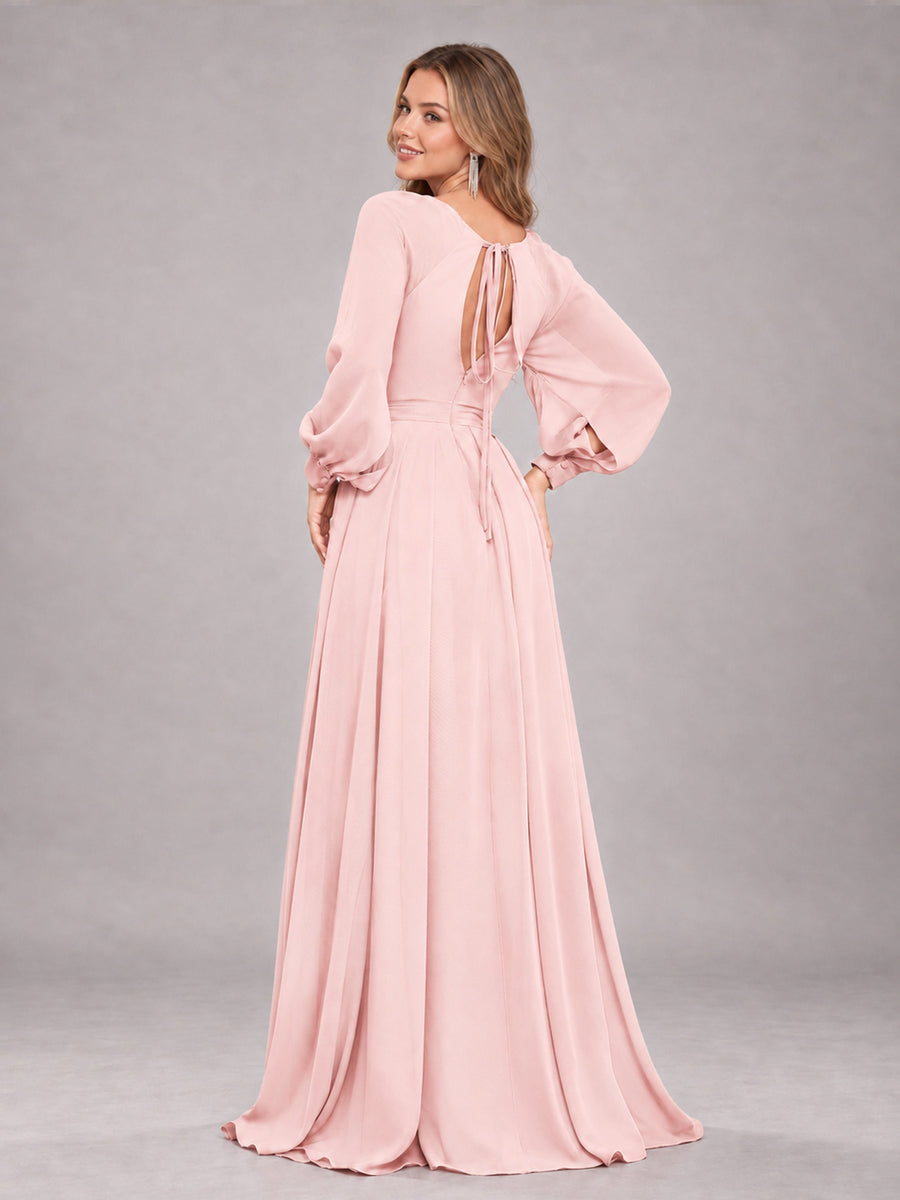 Blush Pink Trendy Halter Long Sleeves Slit Floor Length Chiffon Bridesmaid Dress