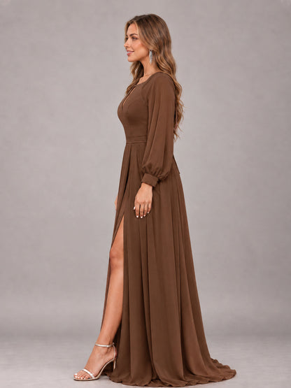 Brown Trendy Halter Long Sleeves Slit Floor Length Chiffon Bridesmaid Dress