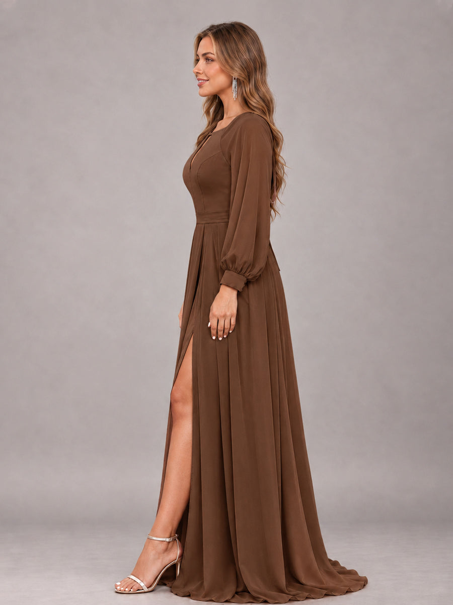 Brown Trendy Halter Long Sleeves Slit Floor Length Chiffon Bridesmaid Dress