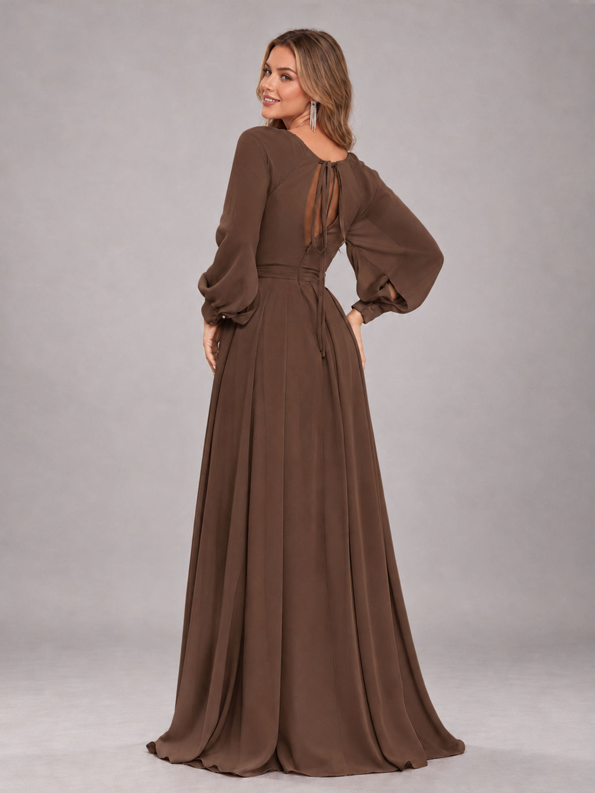 Brown Trendy Halter Long Sleeves Slit Floor Length Chiffon Bridesmaid Dress