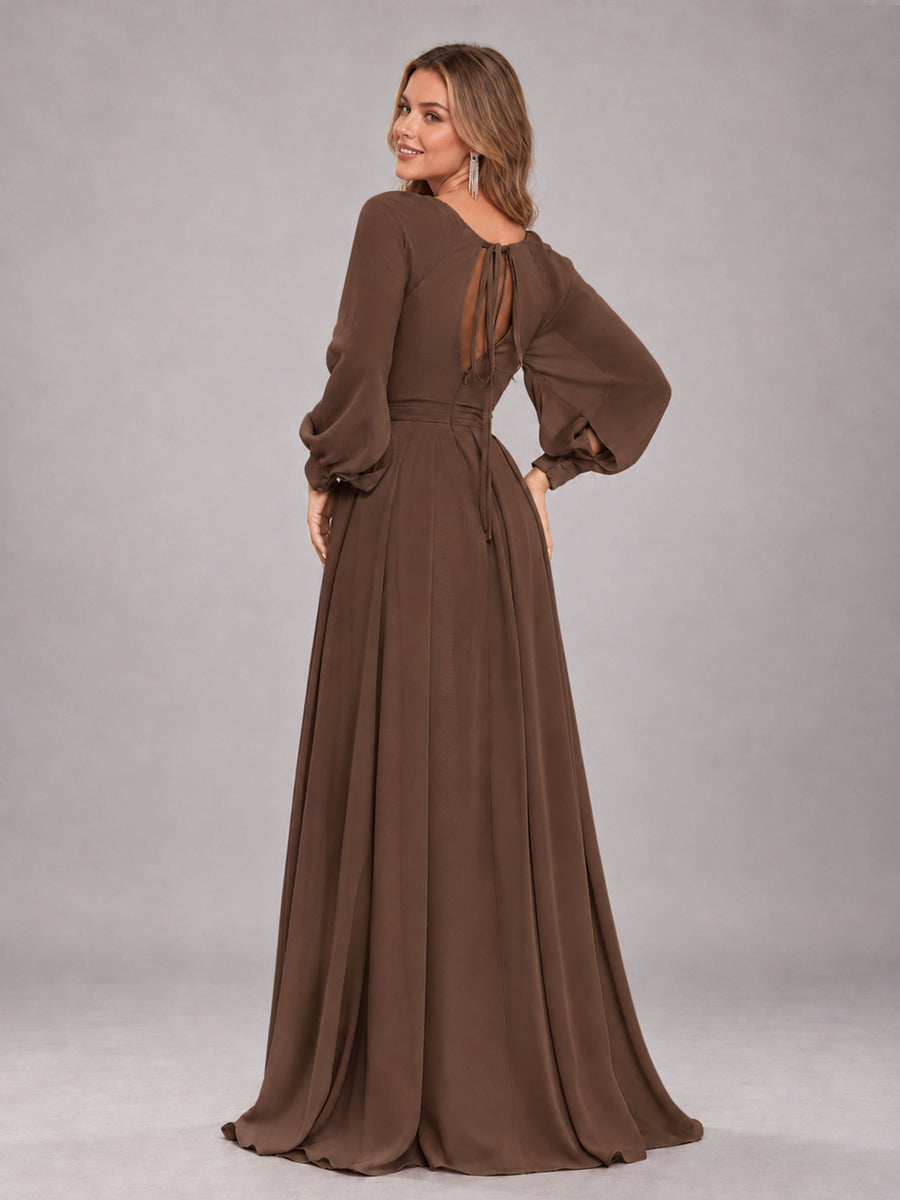 Brown Trendy Halter Long Sleeves Slit Floor Length Chiffon Bridesmaid Dress