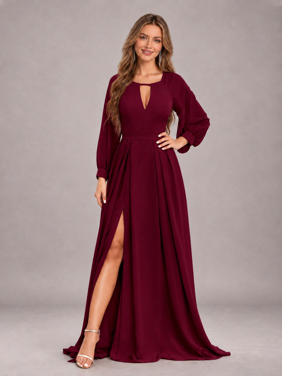 Burgundy Trendy Halter Long Sleeves Slit Floor Length Chiffon Bridesmaid Dress