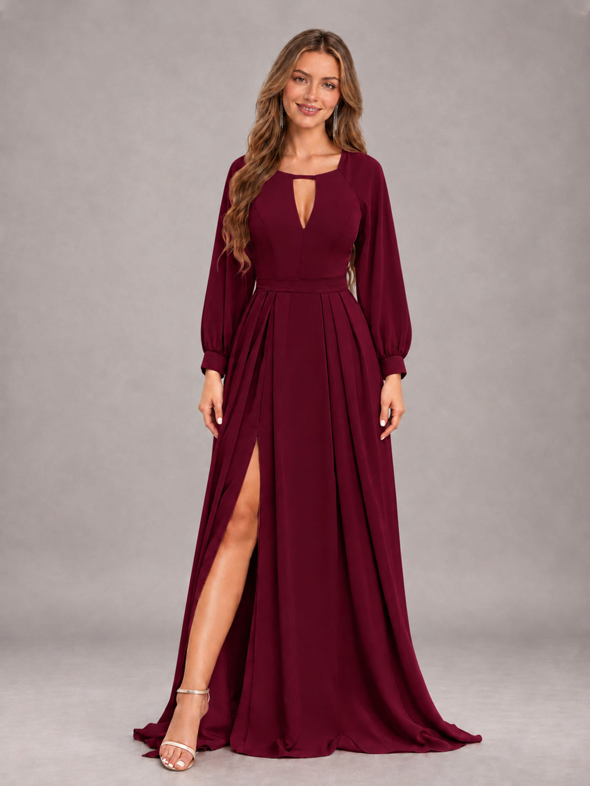 Burgundy Trendy Halter Long Sleeves Slit Floor Length Chiffon Bridesmaid Dress