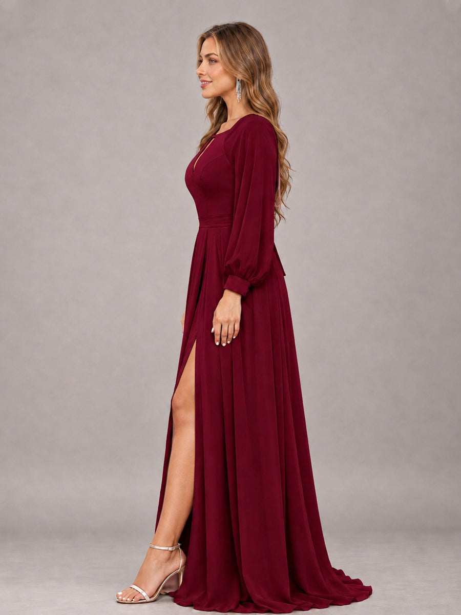 Burgundy Trendy Halter Long Sleeves Slit Floor Length Chiffon Bridesmaid Dress