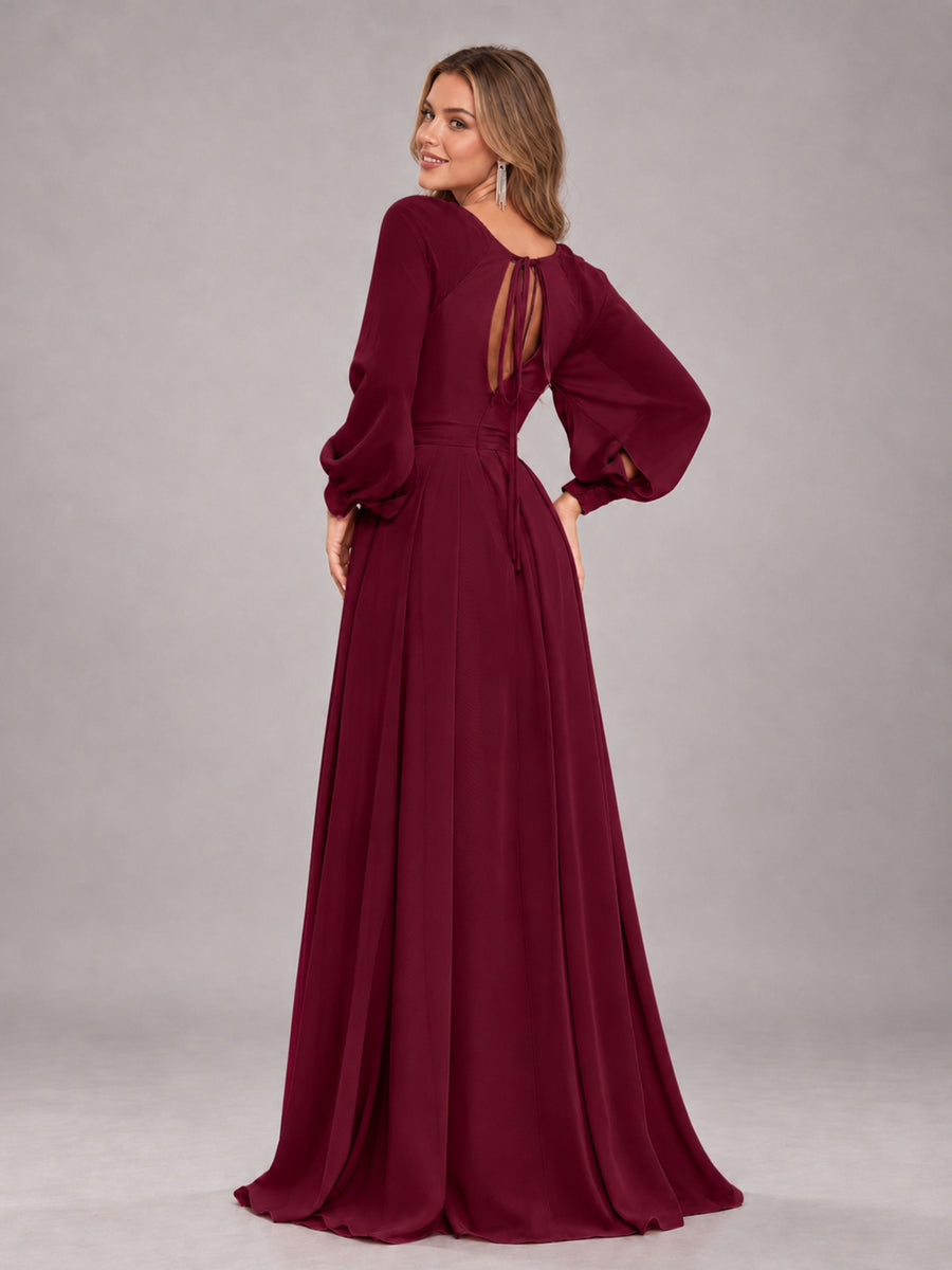 Burgundy Trendy Halter Long Sleeves Slit Floor Length Chiffon Bridesmaid Dress