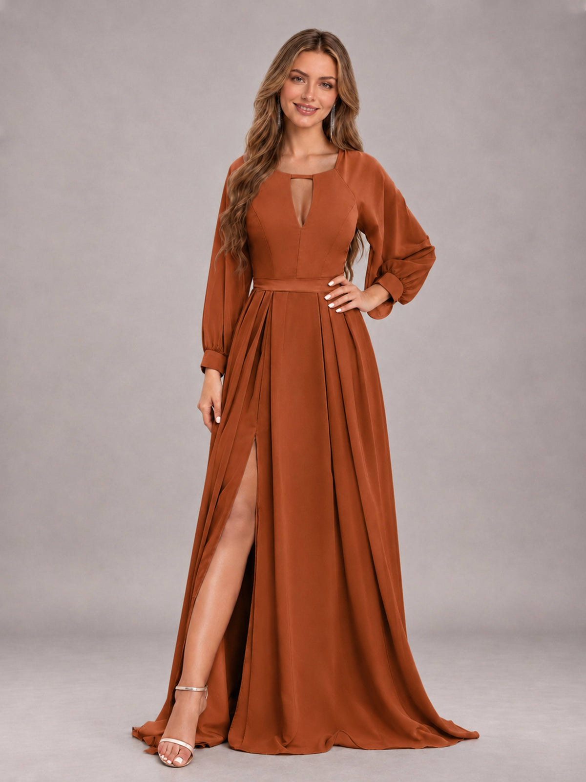 Burnt Orange Trendy Halter Long Sleeves Slit Floor Length Chiffon Bridesmaid Dress