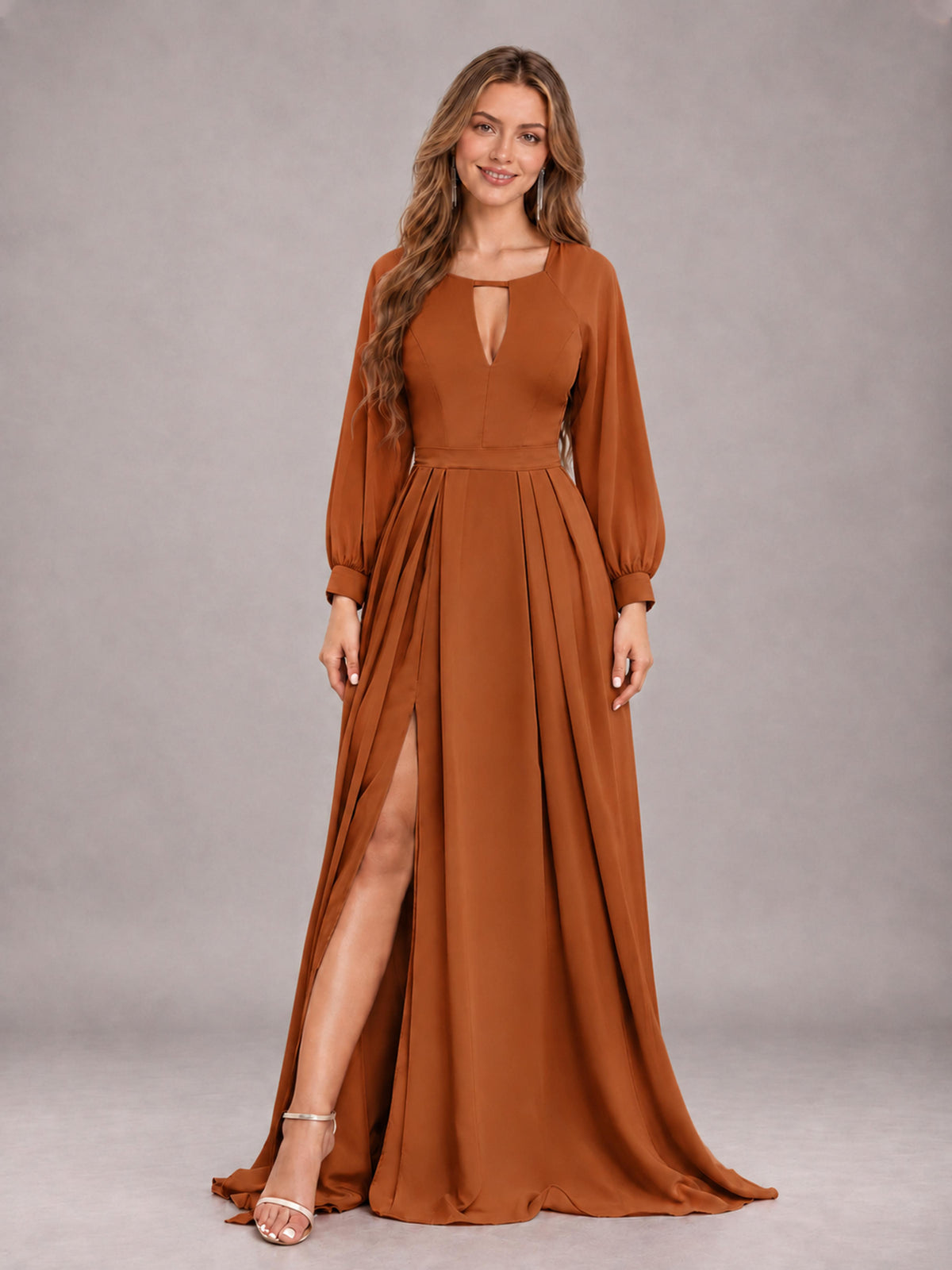 Burnt Orange Trendy Halter Long Sleeves Slit Floor Length Chiffon Bridesmaid Dress