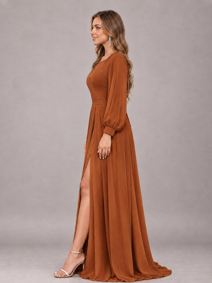 Burnt Orange Trendy Halter Long Sleeves Slit Floor Length Chiffon Bridesmaid Dress