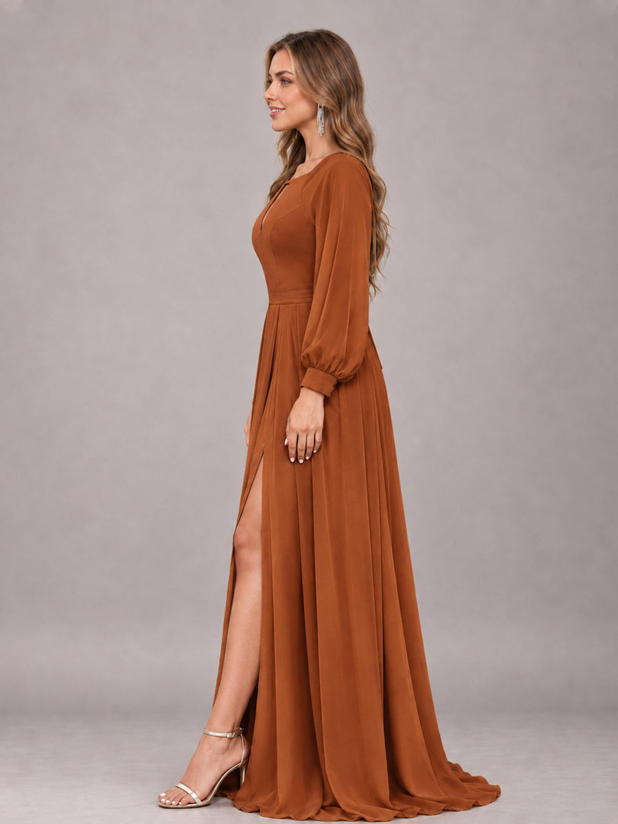 Burnt Orange Trendy Halter Long Sleeves Slit Floor Length Chiffon Bridesmaid Dress