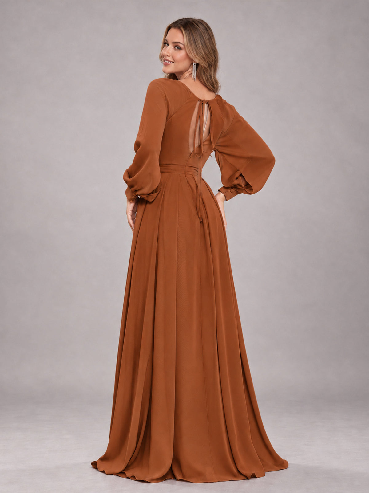 Burnt Orange Trendy Halter Long Sleeves Slit Floor Length Chiffon Bridesmaid Dress