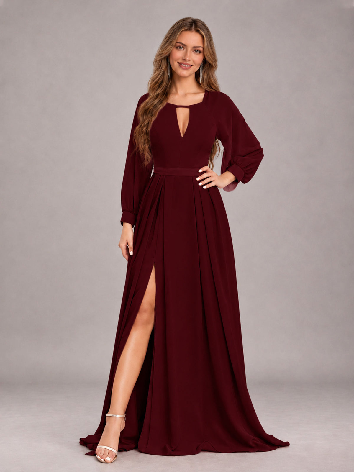 Cabernet Trendy Halter Long Sleeves Slit Floor Length Chiffon Bridesmaid Dress
