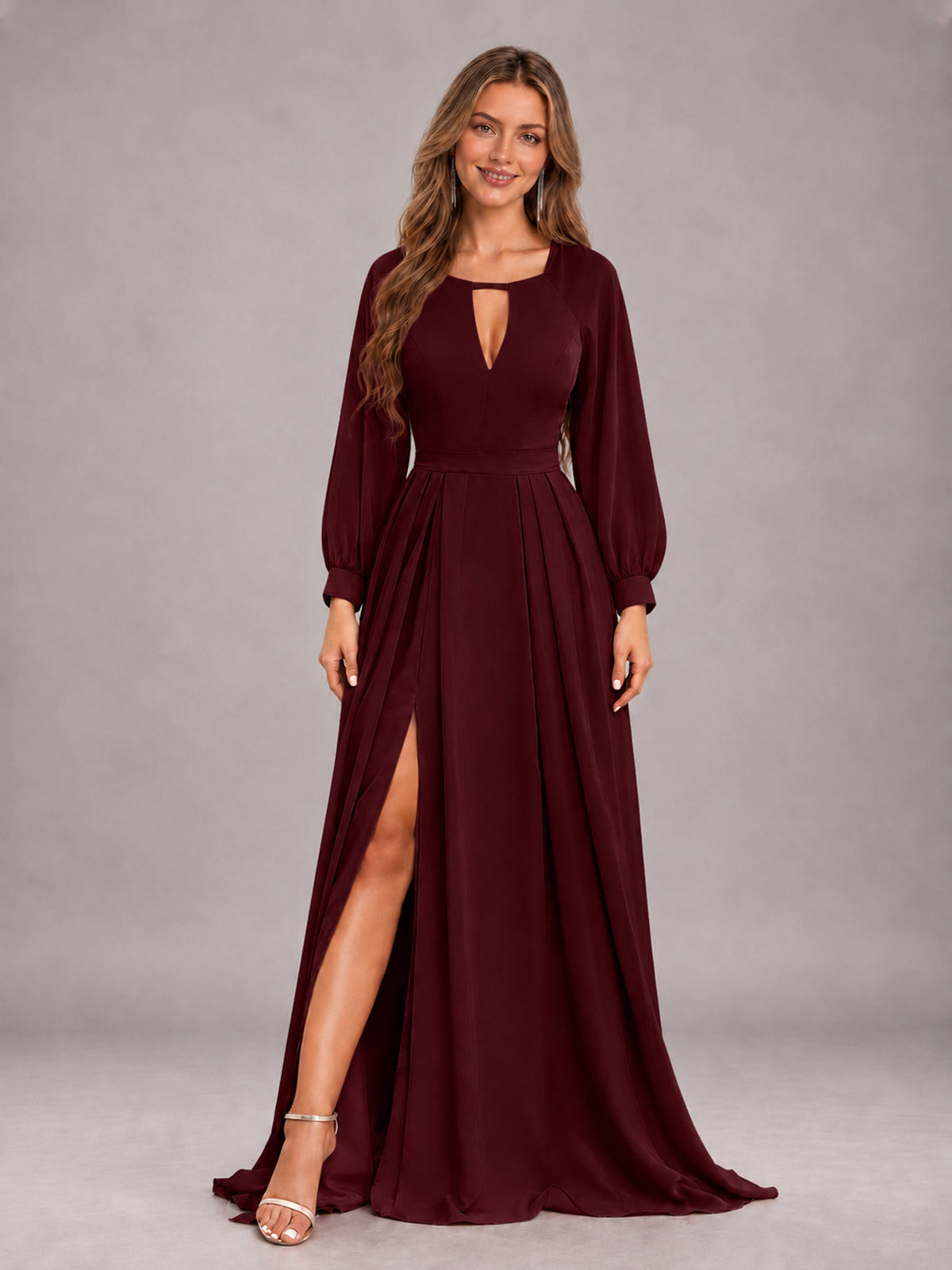 Cabernet Trendy Halter Long Sleeves Slit Floor Length Chiffon Bridesmaid Dress