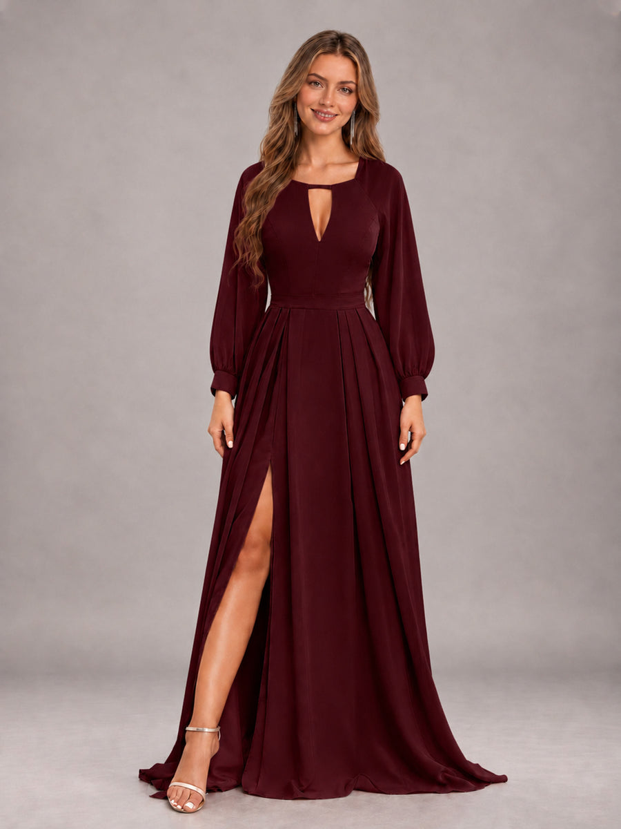 Cabernet Trendy Halter Long Sleeves Slit Floor Length Chiffon Bridesmaid Dress