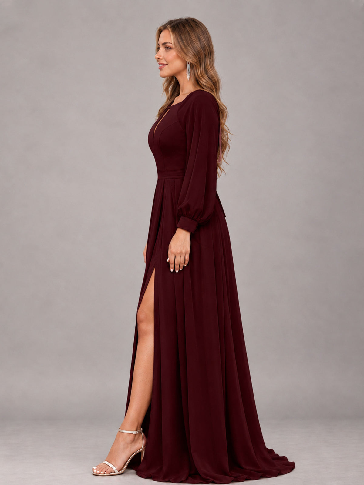 Cabernet Trendy Halter Long Sleeves Slit Floor Length Chiffon Bridesmaid Dress