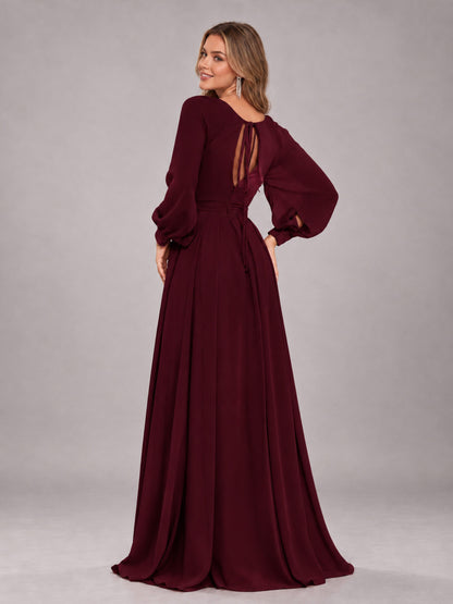 Cabernet Trendy Halter Long Sleeves Slit Floor Length Chiffon Bridesmaid Dress