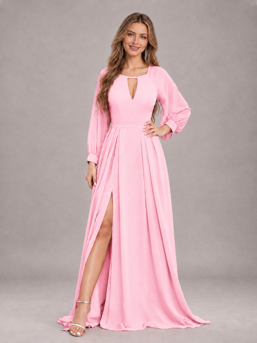 Candy Pink Trendy Halter Long Sleeves Slit Floor Length Chiffon Bridesmaid Dress