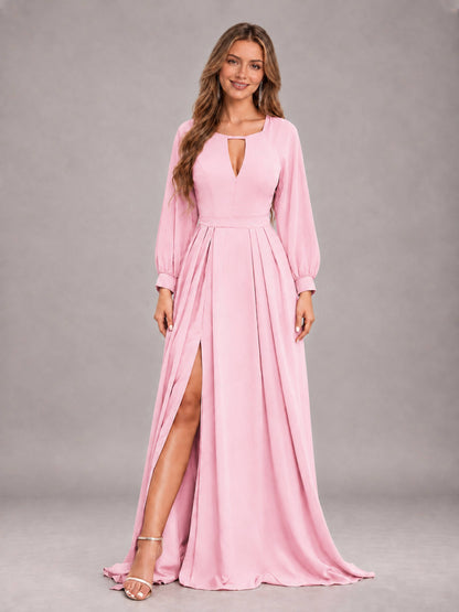 Candy Pink Trendy Halter Long Sleeves Slit Floor Length Chiffon Bridesmaid Dress