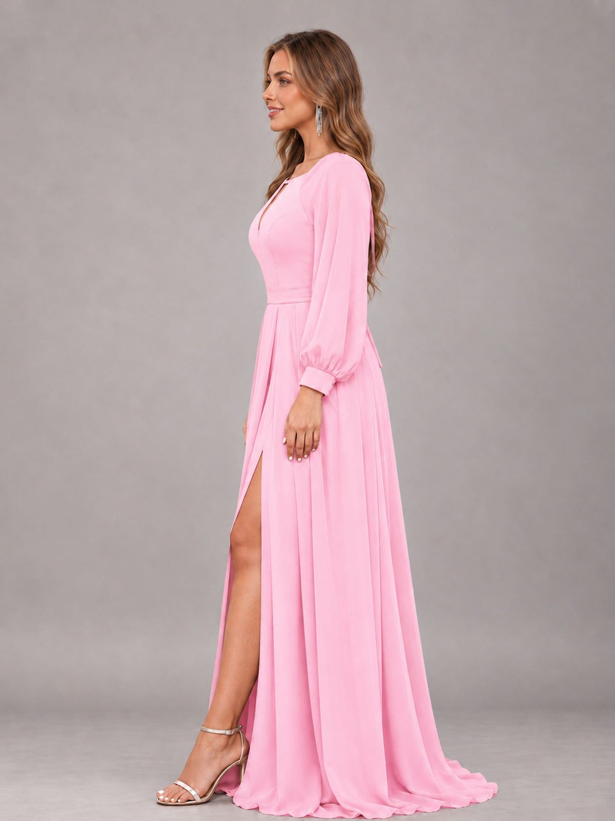 Candy Pink Trendy Halter Long Sleeves Slit Floor Length Chiffon Bridesmaid Dress