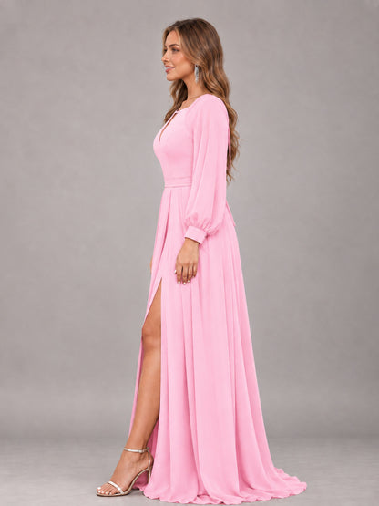 Candy Pink Trendy Halter Long Sleeves Slit Floor Length Chiffon Bridesmaid Dress