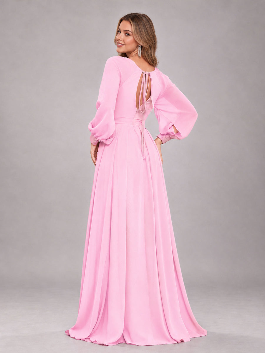 Candy Pink Trendy Halter Long Sleeves Slit Floor Length Chiffon Bridesmaid Dress