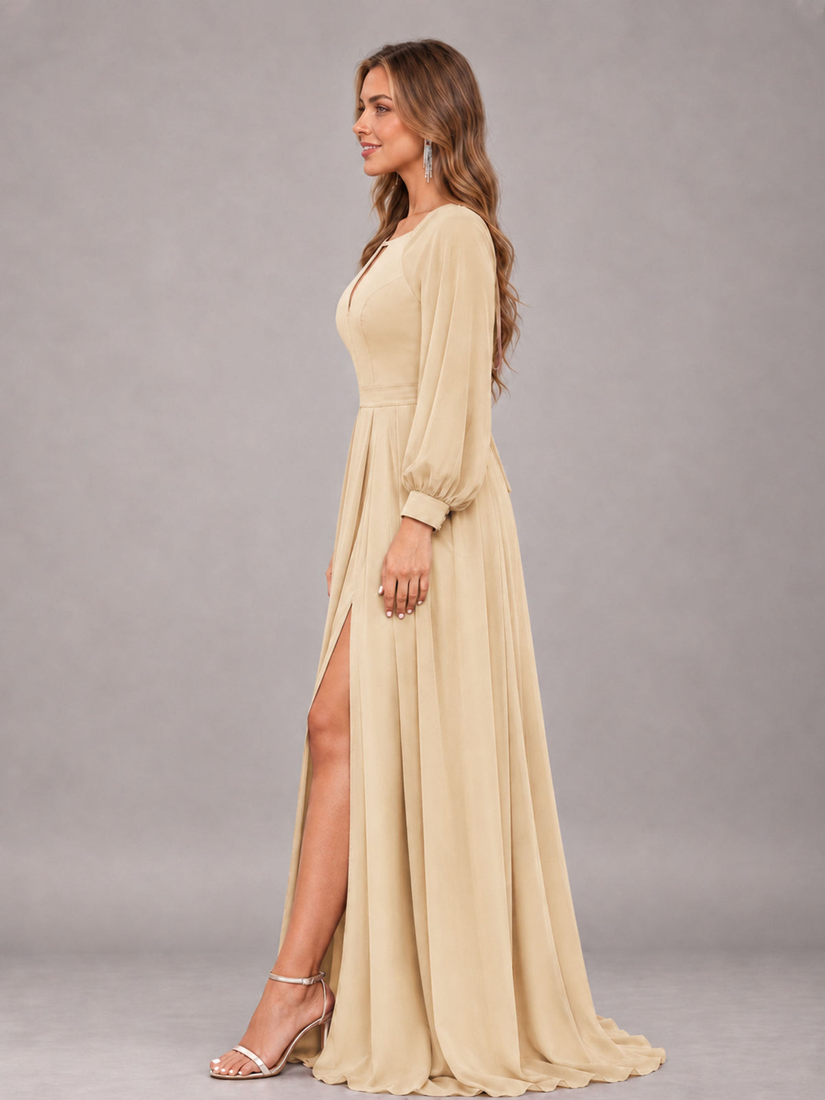 Champagne Trendy Halter Long Sleeves Slit Floor Length Chiffon Bridesmaid Dress
