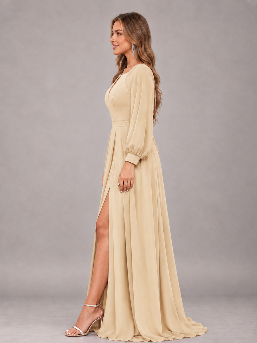 Champagne Trendy Halter Long Sleeves Slit Floor Length Chiffon Bridesmaid Dress