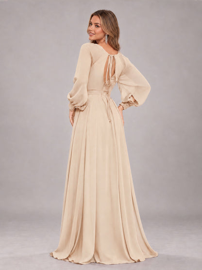 Champagne Trendy Halter Long Sleeves Slit Floor Length Chiffon Bridesmaid Dress