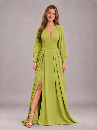 Chartreuse Trendy Halter Long Sleeves Slit Floor Length Chiffon Bridesmaid Dress
