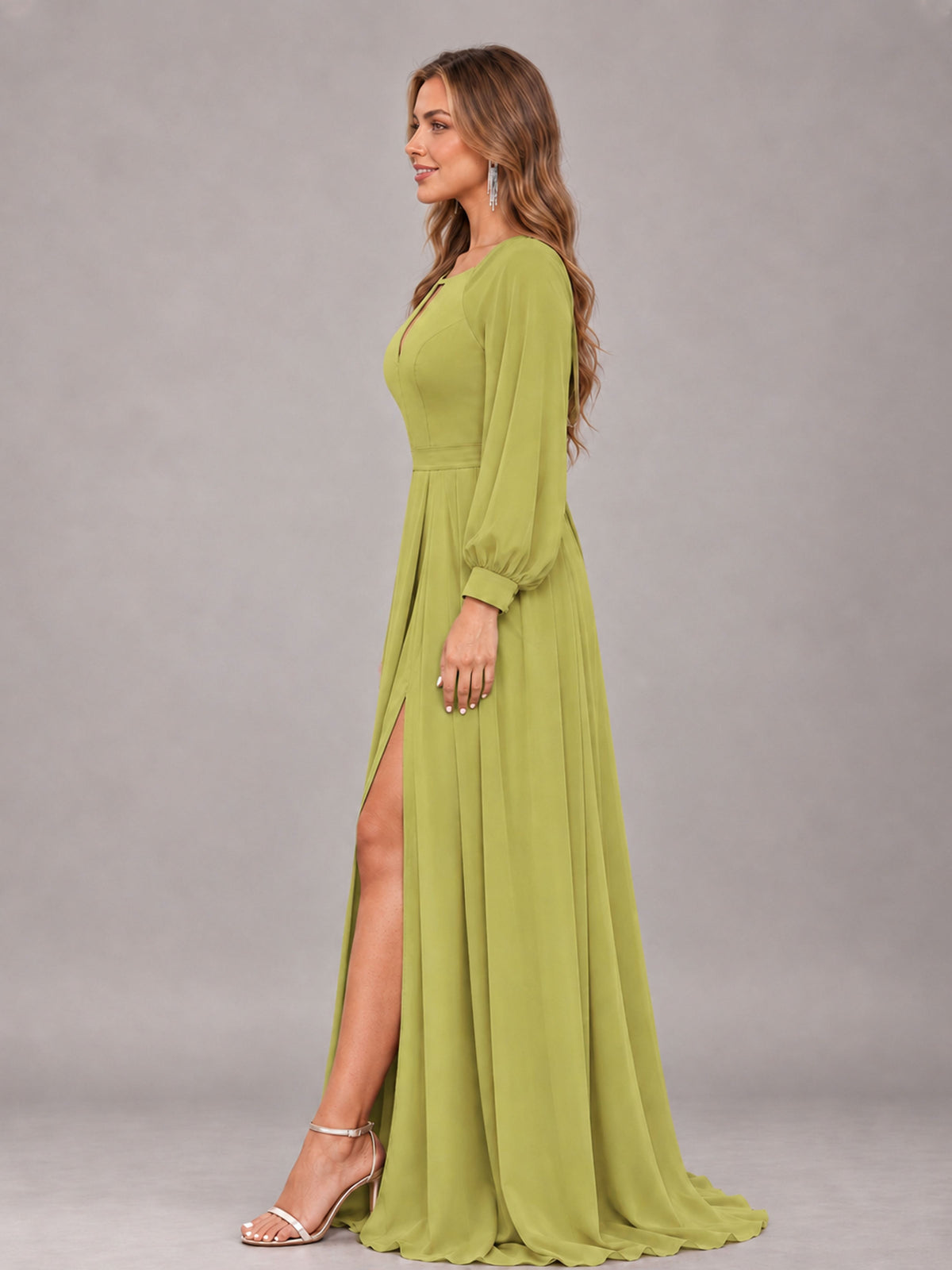 Chartreuse Trendy Halter Long Sleeves Slit Floor Length Chiffon Bridesmaid Dress