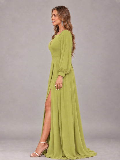 Chartreuse Trendy Halter Long Sleeves Slit Floor Length Chiffon Bridesmaid Dress