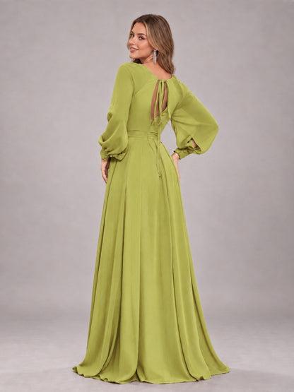 Chartreuse Trendy Halter Long Sleeves Slit Floor Length Chiffon Bridesmaid Dress